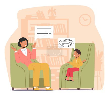 Illustration for Speech Therapist Engages Preschooler In Fun Activities To Improve Communication Skills, Articulation And Language Development Through Play-based Interventions Fostering Effective Communication, Vector - Royalty Free Image