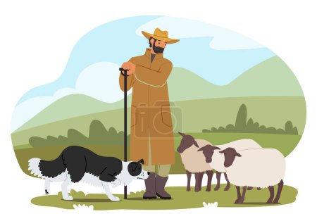 Illustration for Shepherd, A Diligent Guardian, Tends To The Flock With Unwavering Dedication. His Loyal Dog, A Furry Companion, Skillfully Assists In Herding, Ensuring Safety And Harmony In Pastoral Landscapes - Royalty Free Image