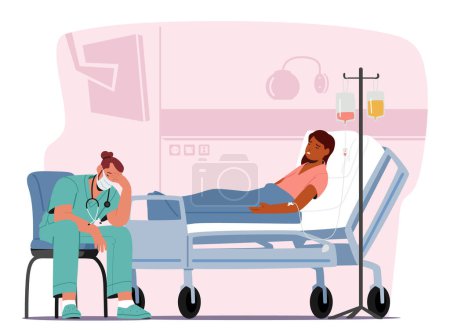 Illustration for Exhausted And Despondent Doctor Male Character Slumps Beside The Seriously Ill Patient Bed, Wearied By The Weight Of Responsibilities And The Struggle To Heal. Cartoon People Vector Illustration - Royalty Free Image