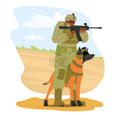Téléchargez les illustrations : Soldat résilient, accompagné d'un chien loyal, forme un lien incassable. Ensemble, ils surmontent les défis de la guerre, offrent de la compagnie, du courage et un soutien inébranlable dans leur voyage commun, vecteur - en licence libre de droit