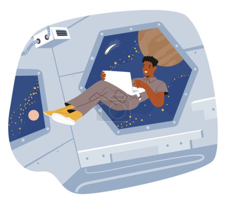 Ilustración de Astronauta ingrávido flota con un portátil en una nave espacial. La fascinante vista del espacio exterior a través de la ventana mejora la experiencia surrealista de trabajar con gravedad cero. Ilustración de vectores de dibujos animados - Imagen libre de derechos