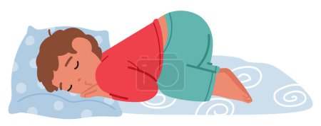 Ilustración de Adorable niño pacíficamente duerme boca abajo, soñando dulcemente en una cama acogedora con almohada suave. Carácter lindo bebé durmiendo en posición propensa. Dibujos animados Gente Vector Ilustración - Imagen libre de derechos