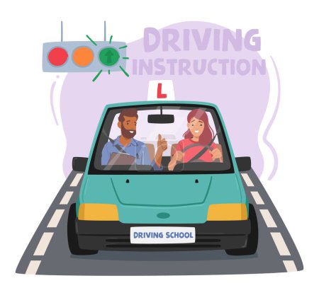 Illustration for Woman Passionately Hones Her Driving Skills At A Driving School, Navigating Through Challenges With Determination, Preparing For Road Independence With Each Practiced Turn And Maneuver, Vector - Royalty Free Image