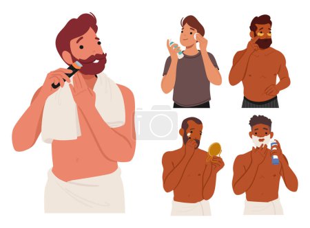 Illustration for Man Beauty Routine Involves Cleansing, Shaving, Moisturizing, And Grooming Facial Hair. Character Simple Steps Enhance Skin Health And Maintain Polished Appearance. Cartoon People Vector Illustration - Royalty Free Image