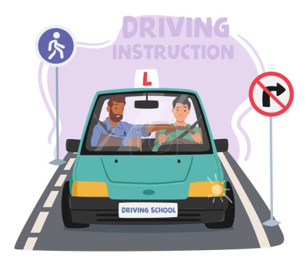 Illustration for Instructor Guides Man Through The Basics Of Driving, Imparting Essential Skills And Knowledge. Patiently Instructs On Controls, Rules, And Safe Practices For Confident, Independent Driving, Vector - Royalty Free Image