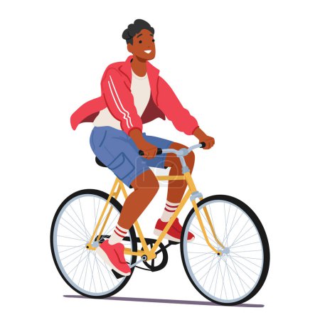 Téléchargez les illustrations : Personnage masculin cyclisme routine quotidienne et le sport. L'homme pédale son vélo, le vent agite ses cheveux, alors qu'il navigue dans les rues animées avec une détermination focalisée. Illustration vectorielle des personnages de bande dessinée - en licence libre de droit