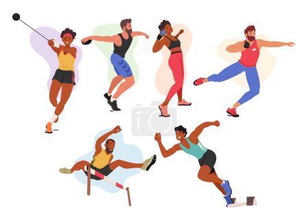 Illustration for Athletes Male and Female Characters Set. Runner, Obstacle Jumper, Put Shot and Discus Throwing. Sportsmen and Sportswomen in Action during Sport Game or Competition. Cartoon People Vector Illustration - Royalty Free Image