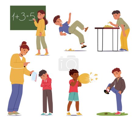 Illustration for Set Of Children Experience Failures and Mistakes. Frustrated Kids Characters. Boy Step in Poop, Burst Balloon, Slip on Banana Peel, Girl Write Wrong Equation. Cartoon People Vector Illustration - Royalty Free Image
