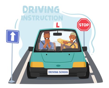 Illustration for Instructor Guides Novice, Imparting Essential Driving Skills. Patiently Explains Rules, Maneuvers, Ensuring Confident, Safe Learning For The Aspiring Driver Journey On The Road. Vector Illustration - Royalty Free Image
