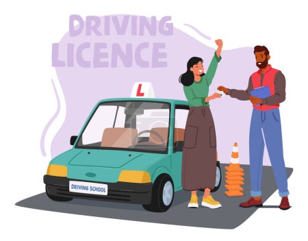 Illustration for Determined Woman Character Successfully Obtains Her Driving License After Skillfully Demonstrating Her Abilities To Her Instructor During Comprehensive Driving Test. Cartoon People Vector Illustration - Royalty Free Image