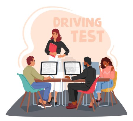Illustration for After Rigorous Training, Characters Confidently Pass Their Driving Tests At School, Demonstrating Skillful Maneuvering And A Solid Understanding Of Traffic Rules And Regulations. Vector Illustration - Royalty Free Image