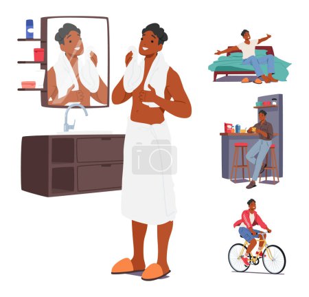 Illustration for Male Character Daily Routine and Rituals. Young Black Man Washing in Bathroom, Wake Up, Eating Breakfast and Riding Bicycle Isolated on White Background. Cartoon People Vector Illustration - Royalty Free Image