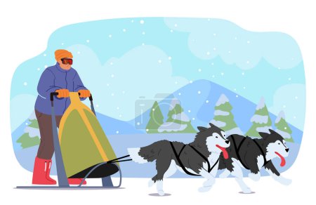 Illustration for Man Joyously Rides A Sled, Propelled By A Spirited Team Of Dogs, Their Collective Energy Carving Through The Snowy Landscape With Exhilarating Speed And Harmony. Cartoon People Vector Illustration - Royalty Free Image