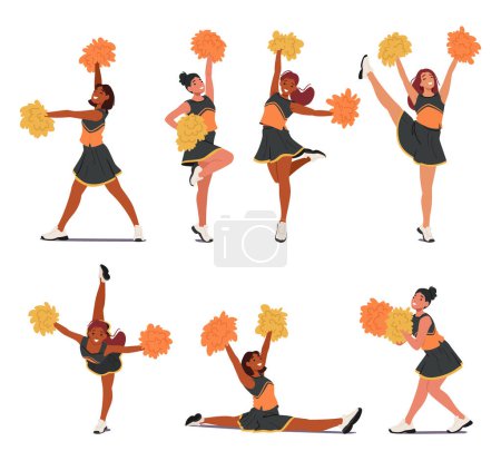 Illustration for Vibrant Cheerleader Girls, Adorned In Spirited Uniforms, Dazzle With Energetic Routines. Pompoms Twirl In Sync, Radiating Contagious Enthusiasm And Adding A Burst Of Color To The Spirited Performance - Royalty Free Image