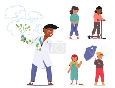 Illustration for Vector Set Of Children Experience Failures and Mistakes. Frustrated Kids Characters. Boy Holds Broken Umbrella, Chemical Liquid Explosion, Girl Wetting Herself, Drops Ice Cream and Broken Scooter - Royalty Free Image