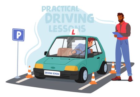 Illustration for Instructor Guides Man Through Precise Parking Maneuvers, Emphasizing Spatial Awareness And Control At The Driving School, Refining Skills For Confident And Efficient Parking. Vector Illustration - Royalty Free Image