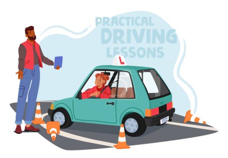 Illustration for Determined Woman Perfects Her Driving Skills At Driving School, Navigating Through Challenges With Focus And Confidence, Preparing For A Future Of Independent And Skilled Driving. Vector Illustration - Royalty Free Image