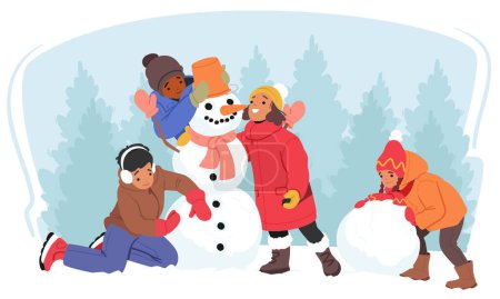 Illustration for Kids Winter Spare Time Recreation, Little Children Character Having Outdoors Fun, Make Snowman. Winter Time Snow Games, Amusement and Relax. New Year and Christmas Activities. Vector Illustration - Royalty Free Image