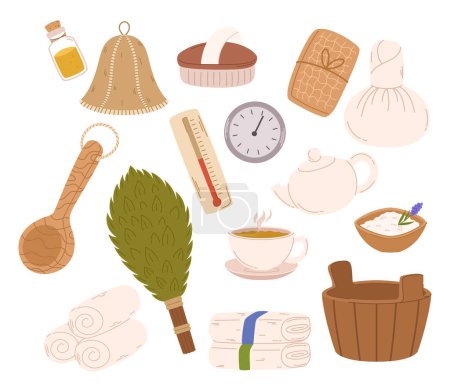 Illustration for Luxurious Spa Sauna Collection Includes Aromatic Oil, Plush Towels, Wooden Ladle, Salt, And Felt Hat. Tea, Brush, Clock and Broom with Thermometer Items for Rejuvenation. Cartoon Vector Illustration - Royalty Free Image