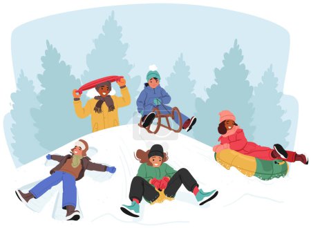 Illustration for Children Joyfully Sled Down Snowy Hills, Their Laughter Echoing In Crisp Winter Air. Colorful Scarves Trail Behind Them As They Navigate The Glistening, Snow-covered Landscape With Pure Exhilaration - Royalty Free Image