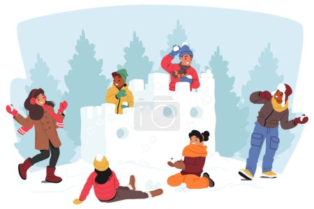 Illustration for Giggling Kids Engage In Epic Snowball Fights At Snowy Fortress, Crafting Icy Barricades. Laughter Echoes As Snowflakes Dance, Creating A Winter Battlefield Of Joy And Camaraderie. Vector Illustration - Royalty Free Image