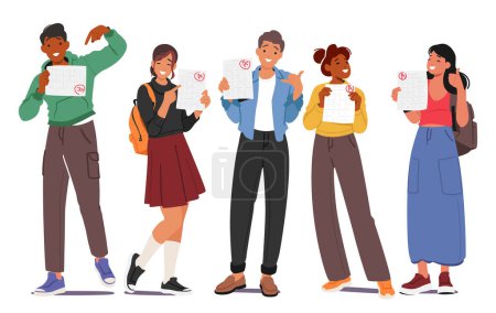 Illustration for Excited Students Characters Proudly Display Their A Test Results, Faces Beaming With Accomplishment And Achievement, As They Celebrate Academic Success Together. Cartoon People Vector Illustration - Royalty Free Image