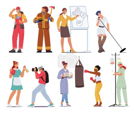 Illustration for Female Character Professions. Women Builder, Firefighter, Business Coach and Singer. Maid, Photographer, Laboratory Assistant, Boxer Athlete and Nurse in Hospital. Cartoon People Vector Illustration - Royalty Free Image