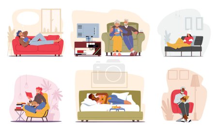 Illustration for Set Of Male And Female Characters On Their Couches. Old and Young People Reading Books and Dreaming, Sick Woman Freezing, Senior Couple Watching Tv, Cartoon Vector Illustration - Royalty Free Image