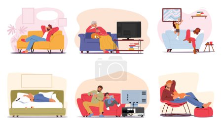 Illustration for Set Of Male And Female Characters On Their Couches. People Dreaming, Watching Tv, Playing Video Games, Relaxing with Pet, Sleeping or Suffer of Depression at Home. Cartoon Vector Illustration - Royalty Free Image