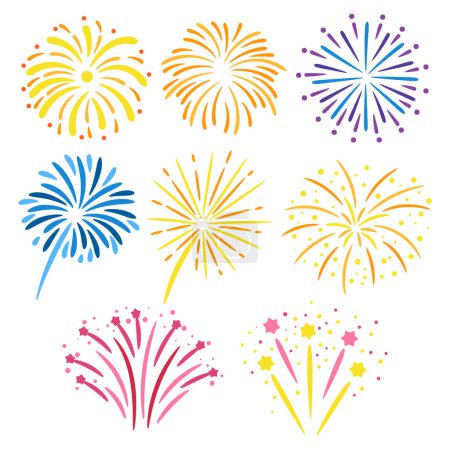 Illustration for Vibrant Fireworks Design Elements Collection Of Colorful Bursts, Sparkles, And Trails. Perfect For Festive Celebrations, Creating A Dazzling Spectacle Of Light And Joy. Cartoon Vector Illustration Set - Royalty Free Image