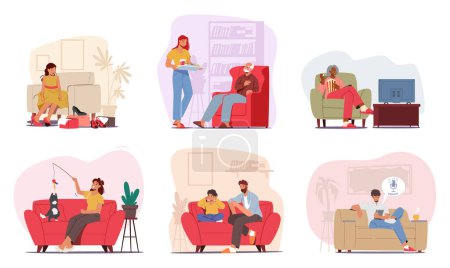 Illustration for Set Male Female Characters on Couches. People Fitting Footwear, Watching Movie, Playing with Pets, Listening Podcast. Father Scolding Son, Woman Bring Food to Senior Man. Cartoon Vector Illustration - Royalty Free Image