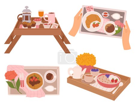 Ilustración de Desayuno en la cama con mesas encantadoras con una taza de café al vapor, pasteles frescos, frutas vibrantes y un aroma, creando un tranquilo retiro matutino. Ilustración de vectores de dibujos animados - Imagen libre de derechos
