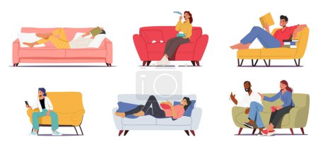 Illustration for Set Of Male And Female Characters On Their Couches. People Reading and Sleeping with Books, Woman Sneezing and Use Smartphone, Lying with a Bowl of Fastfood, Couple Quarrel Cartoon Vector Illustration - Royalty Free Image