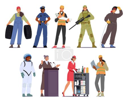 Illustration for Female Character Professions. Women Garage Mechanic, Police Officer, Architect or Contractor. Soldier, Welder, Astronaut and Speaker with Stewardess. Cartoon People Vector Illustration - Royalty Free Image