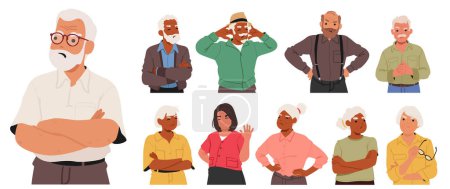 Illustration for Offended Elderly People Display Signs Of Upset Or Frustration Through Crossed Arms, Furrowed Brows And Stern Facial Expressions. Characters Show Displeasure Or Disapproval. Cartoon Vector Illustration - Royalty Free Image