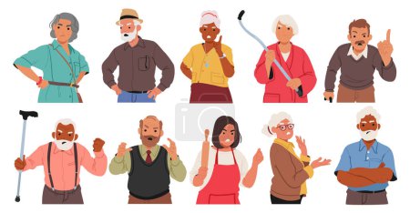 Illustration for Frustrated Wrinkles, Furrowed Brows, And Fiery Eyes Reveal The Discontent Of Angry Elderly People, Their Years Of Experience Amplifying The Intensity Of Their Displeasure. Cartoon Vector Illustration - Royalty Free Image