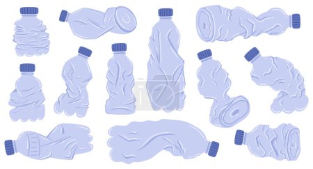 Illustration for Crumpled Plastic Bottles, Conveying Environmental Impact. Isolated Icon Depicts A Discarded Flasks In Various States Symbolizing Pollution And Need For Recycling Awareness. Cartoon Vector Illustration - Royalty Free Image