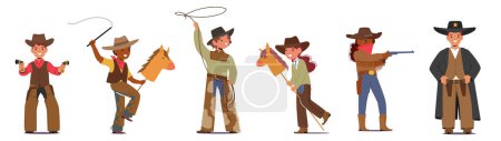 Téléchargez les illustrations : Enfants Joliment Don Cowboy Chapeaux, vestes et bottes en cuir, pistolets de jouet, cheval en bois ou corde, l'esprit incarnant du Far West avec des sourires ludiques et des aventures imaginatives. Illustration vectorielle de bande dessinée - en licence libre de droit