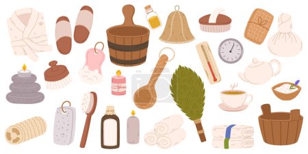 Illustration for Spa Sauna Items Collection Featuring Plush Towels, Aromatic Essential Oils, Wooden Ladle and Pail, Robe, Oak Broom or Tea with Candle For Relaxation And Rejuvenation. Cartoon Vector Illustration - Royalty Free Image