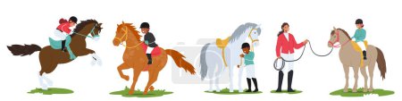 Téléchargez les illustrations : Les enfants trottent joyeusement sur des chevaux doux, leur rire résonne à l'air libre. Guidé par des instructeurs qualifiés, chaque randonnée favorise une connexion magique entre l'enfant et le cheval. Illustration vectorielle - en licence libre de droit