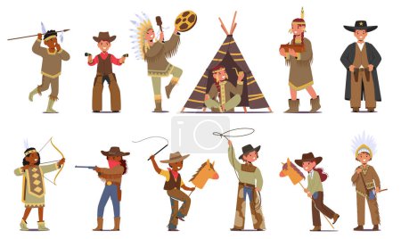 Ilustración de Personajes de niños vestidos con trajes de vaquero y nativos americanos crean una escena animada, capturando el espíritu de imaginación lúdica y diversidad cultural. La gente de dibujos animados Vector Ilustración, Set - Imagen libre de derechos