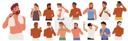 Illustration for Man Beauty Routine Includes Cleansing, Moisturizing And Grooming. It Focuses On Maintaining Healthy Skin, Neat Hair And A Well-groomed Appearance For A Polished And Confident Look. Vector Illustration - Royalty Free Image