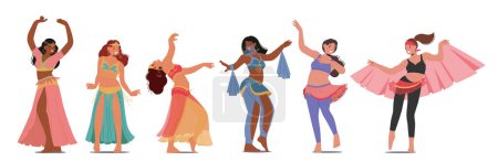 Illustration for Graceful Eastern Women Captivate With Rhythmic Hip Movements, Flowing Veils, And Expressive Gestures, Embodying Ancient Art Of Belly Dance With Cultural Elegance And Allure. Vector Illustration - Royalty Free Image