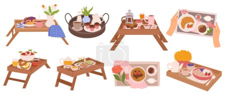 Ilustración de Conjunto de encantadoras mesas de cama, adornadas con manteles, celebran un delicioso desayuno, frutas frescas, pasteles calientes y tazas de café al vapor, creando un acogedor ritual matutino. Ilustración de vectores de dibujos animados - Imagen libre de derechos