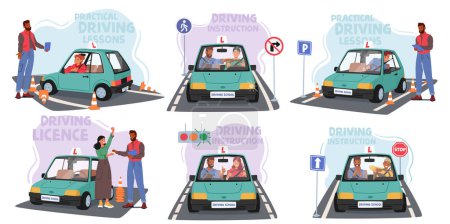 Illustration for Students Engage In Driving Practice At School, Mastering Essential Skills Like Parking And Maneuvering. Instructors Guide Learners Through Road Rules, Fostering Safe And Confident Drivers, Vector Set - Royalty Free Image