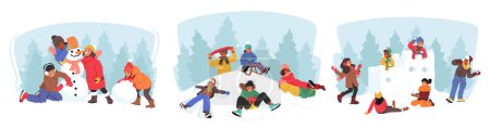 Ilustración de Los niños participan en una variedad de actividades de invierno, la construcción de muñecos de nieve, trineo por las colinas nevadas, tener peleas de bolas de nieve, la creación de recuerdos alegres en medio de las maravillas de invierno. Ilustración de vectores de dibujos animados - Imagen libre de derechos