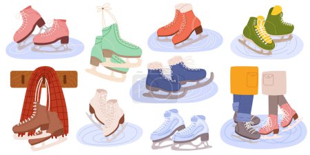 Illustration for Ice Skates Cartoon Vector Collection. Footwear With Sharp Blades, Designed For Gliding On Ice Surfaces. They Enable Graceful Movement, Figure Skating, And Sports Like Ice Hockey And Speed Skating. - Royalty Free Image