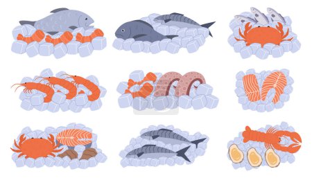 Ilustración de Mariscos enclavados en hielo prístino, tentadora exhibición de tesoros oceánicos. Pescado, camarones, langosta y pulpo, ostras, atún y cangrejo a la espera de la exploración culinaria, prometedora sinfonía de sabores, vector - Imagen libre de derechos