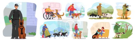 Illustration for Service Dog Assistance Professions. Canine Animals Aid People With Disabilities, Offering Support In Tasks Like Guiding The Visually Impaired Or Providing Emotional Assistance. Cartoon Vector Set - Royalty Free Image