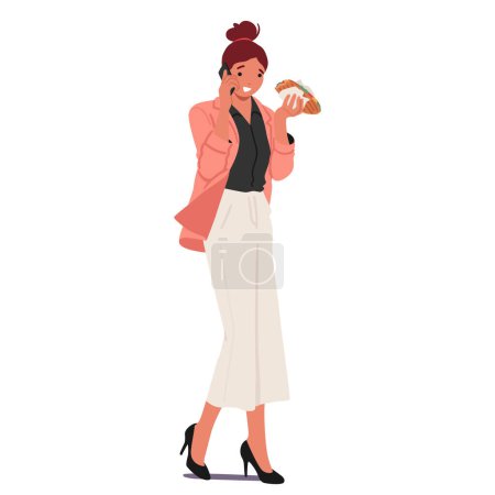 Illustration for Multitasking Busy Woman Character Juggles Calls And Bites On-the-go, A Symphony Of Efficiency As She Navigates Her Day With Grace, Fueled By Perpetual Motion. Cartoon People Vector Illustration - Royalty Free Image